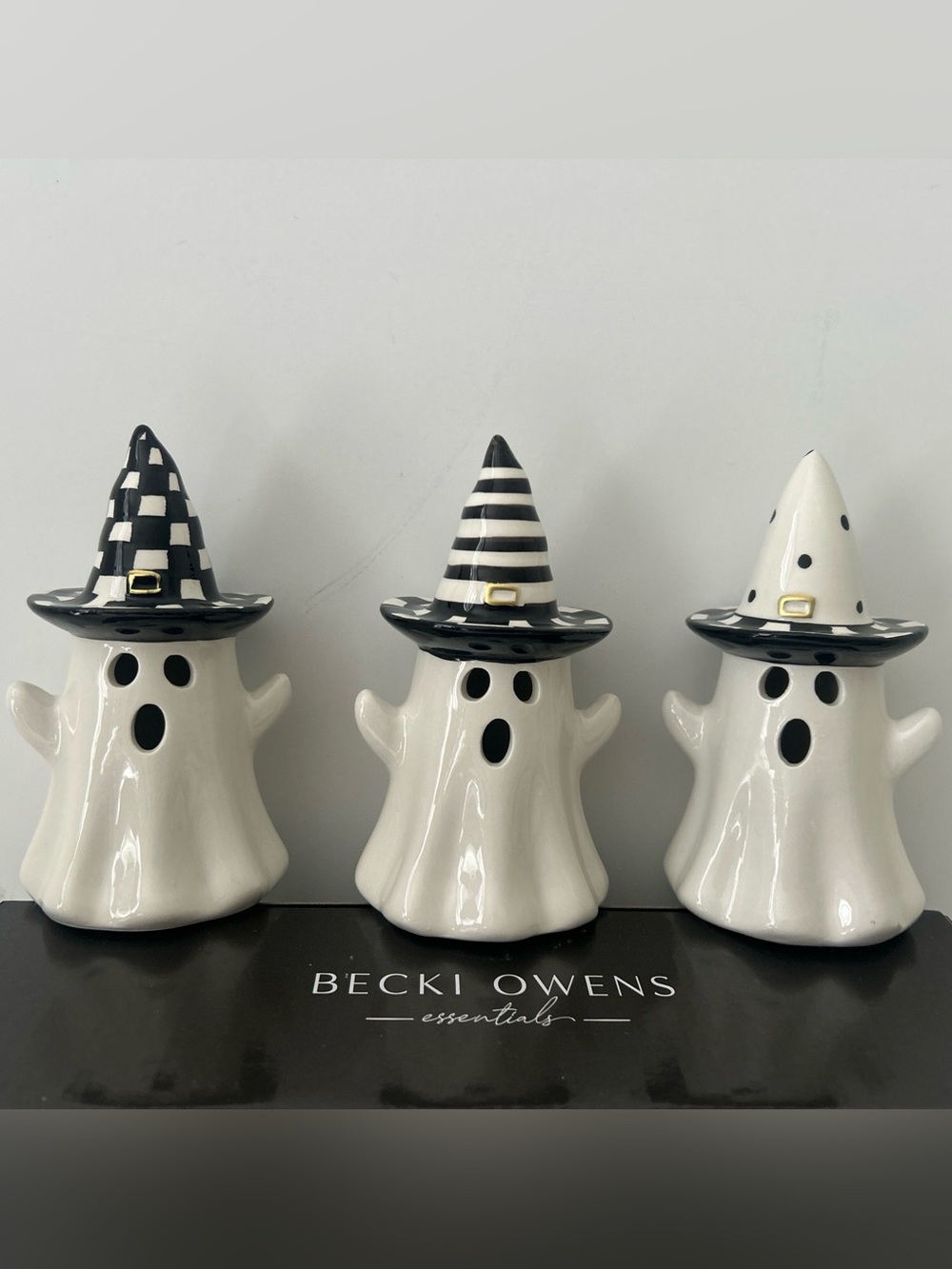 Becki Owen Halloween Home Decor Accent Black & White Ceramic Ghost Figurines (3)